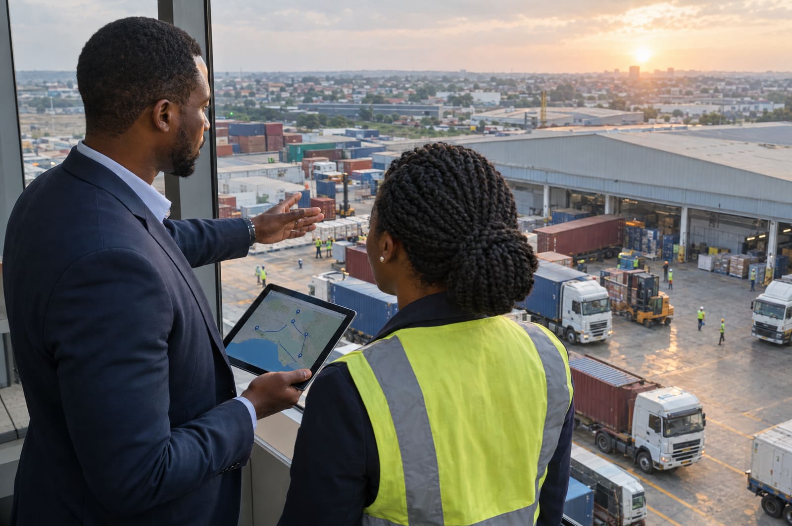 Two planners review a route plan on a tablet above a busy logistics yard